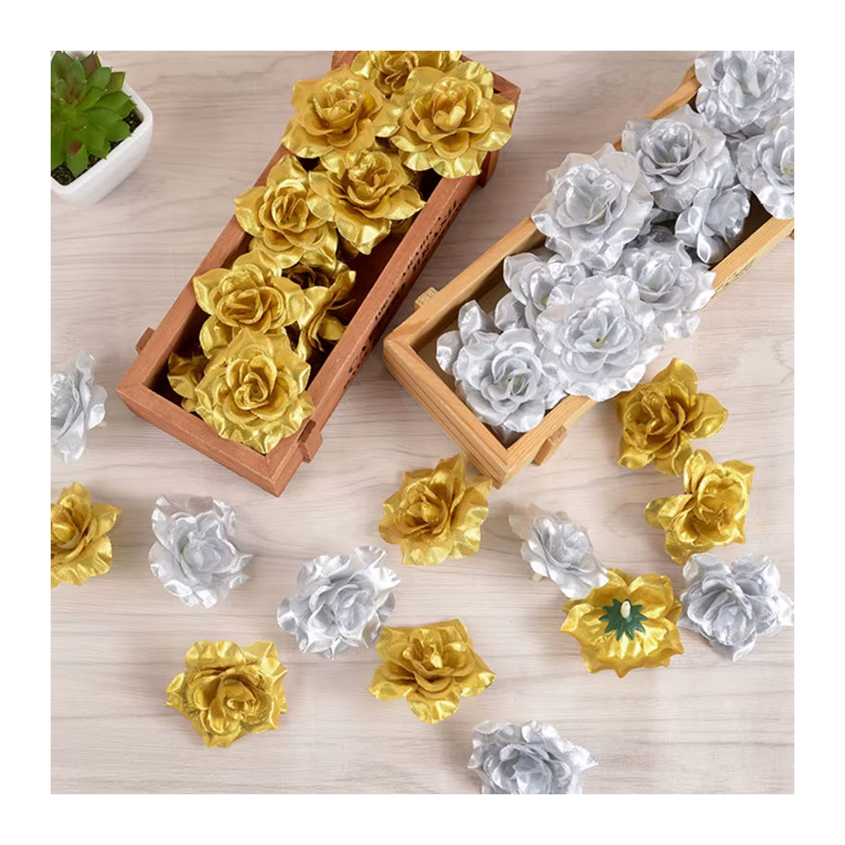 YONGSNOW Künstliche Seidenrosen in Gold und Silber für Hochzeits- und Weihnachtsdekoration, Durchmesser: 6 cm - Bild 2