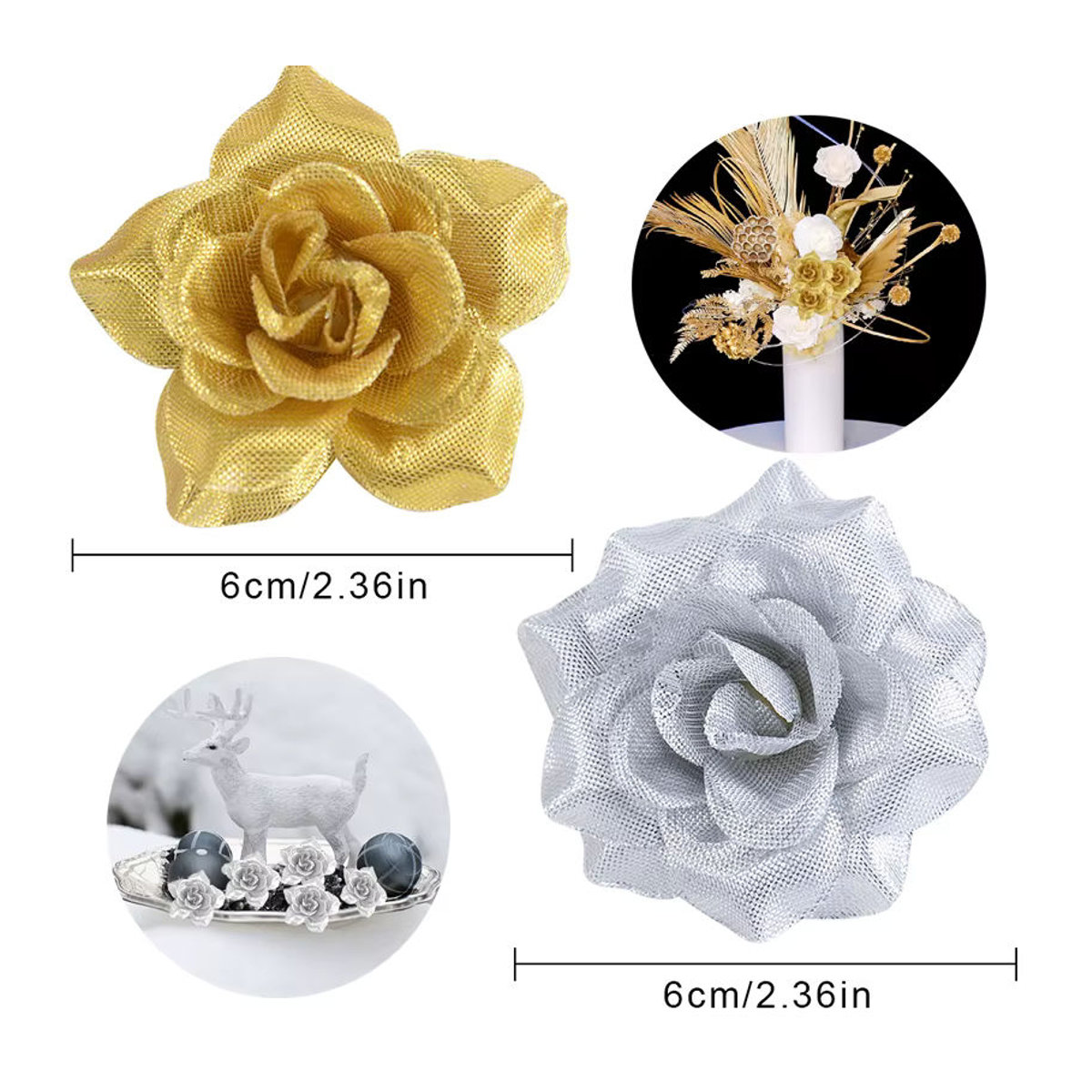 YONGSNOW Künstliche Seidenrosen in Gold und Silber für Hochzeits- und Weihnachtsdekoration, Durchmesser: 6 cm - Bild 4