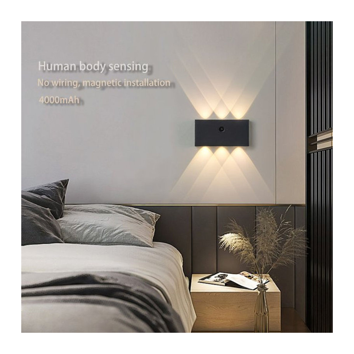YooE LED Wandleuchte in minimalistischem Design mit Induktionssensor und magnetischer Installation, Schwarz/Holz, 6W - Bild 1