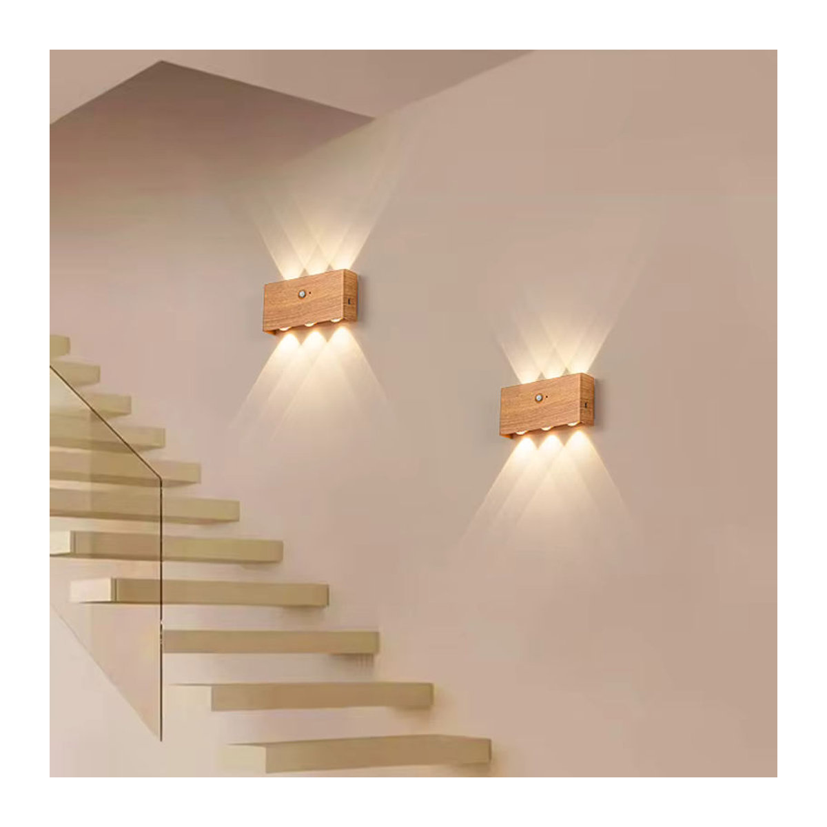 YooE LED Wandleuchte in minimalistischem Design mit Induktionssensor und magnetischer Installation, Schwarz/Holz, 6W - Bild 2