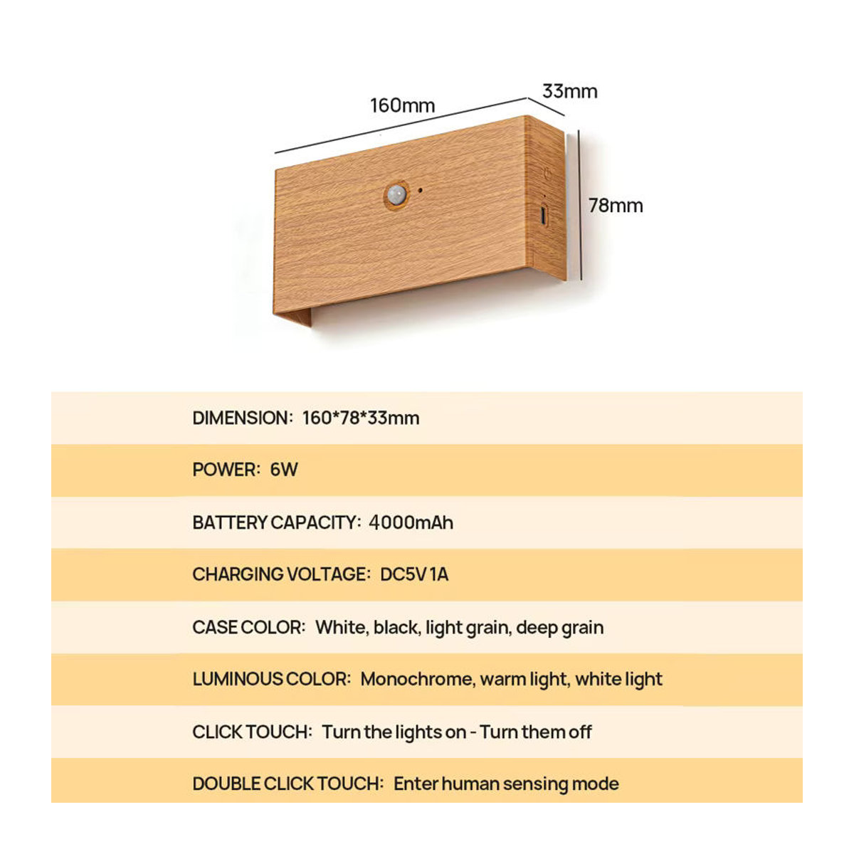 YooE LED Wandleuchte in minimalistischem Design mit Induktionssensor und magnetischer Installation, Schwarz/Holz, 6W - Bild 4