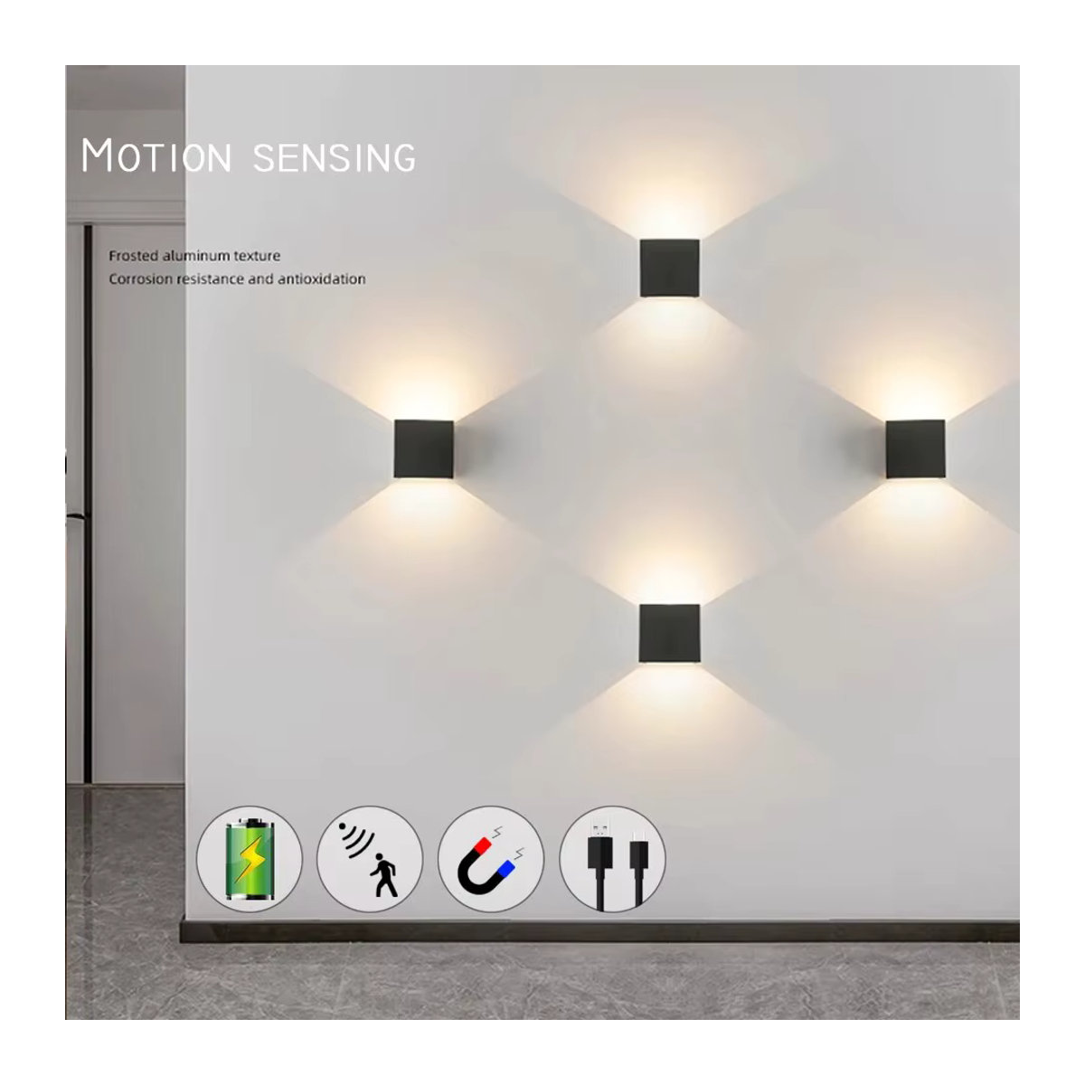YooE LED Wandleuchte mit Bewegungserkennung und magnetischer Befestigung, 6W, Schwarz, Aluminium, minimalistisches Design - Bild 2