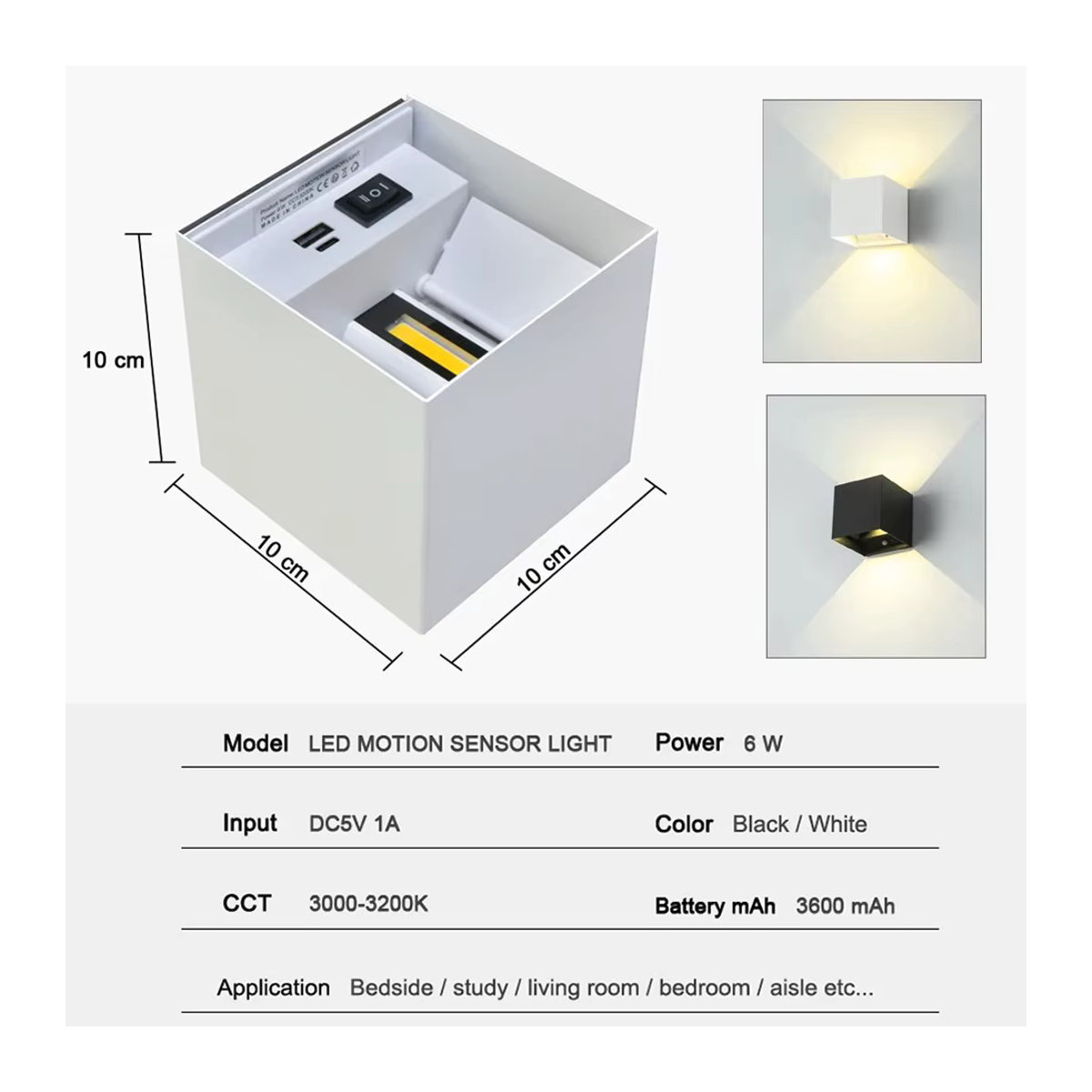 YooE LED Wandleuchte mit Bewegungserkennung und magnetischer Befestigung, 6W, Schwarz, Aluminium, minimalistisches Design - Bild 4