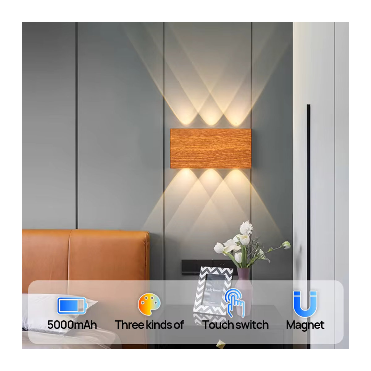 YooE Minimalistische LED-Ladewandleuchte in Nussbaum mit Touch-Funktion und 4000 mAh Akku - Bild 2