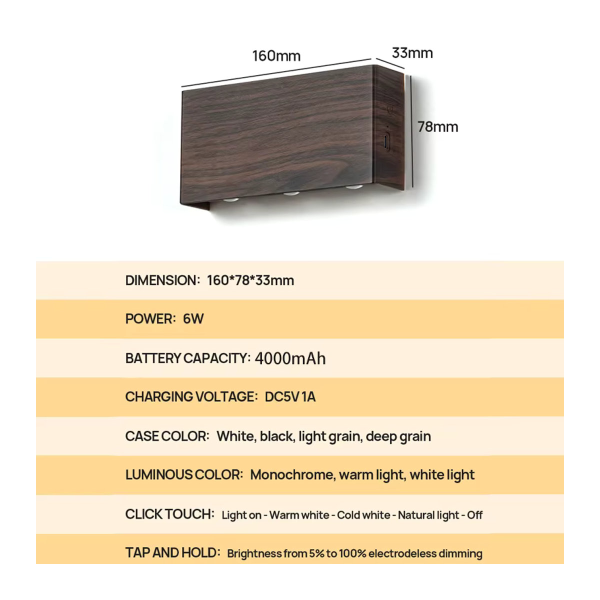 YooE Minimalistische LED-Ladewandleuchte in Nussbaum mit Touch-Funktion und 4000 mAh Akku - Bild 5