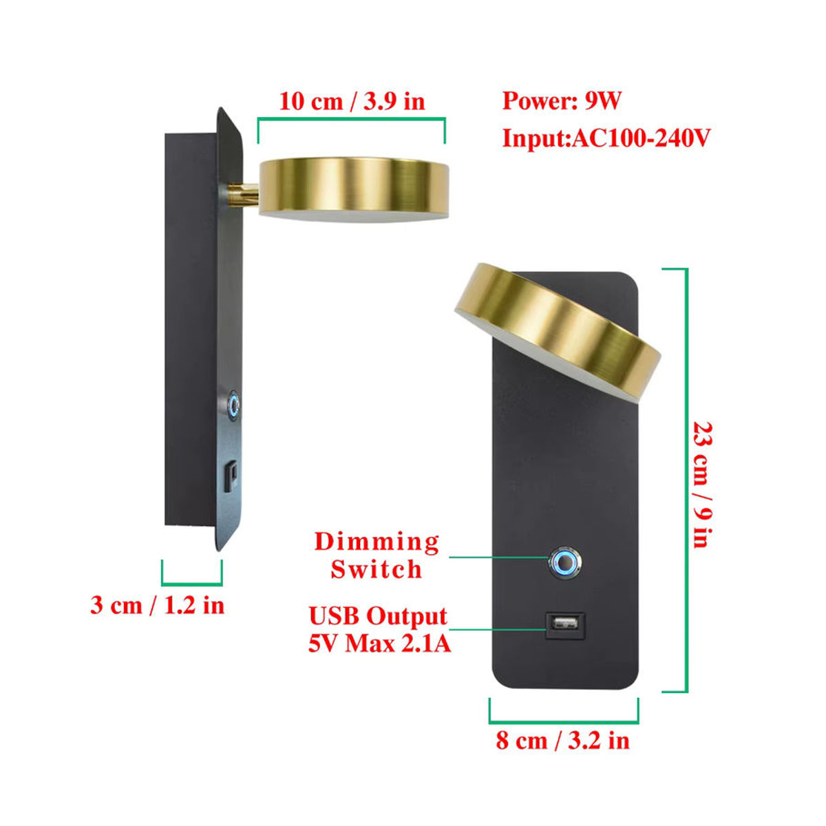 YooE Moderne LED Innenwandleuchte aus Aluminium in Schwarz mit Touch-Dimmung und USB-Schnittstelle - Bild 5