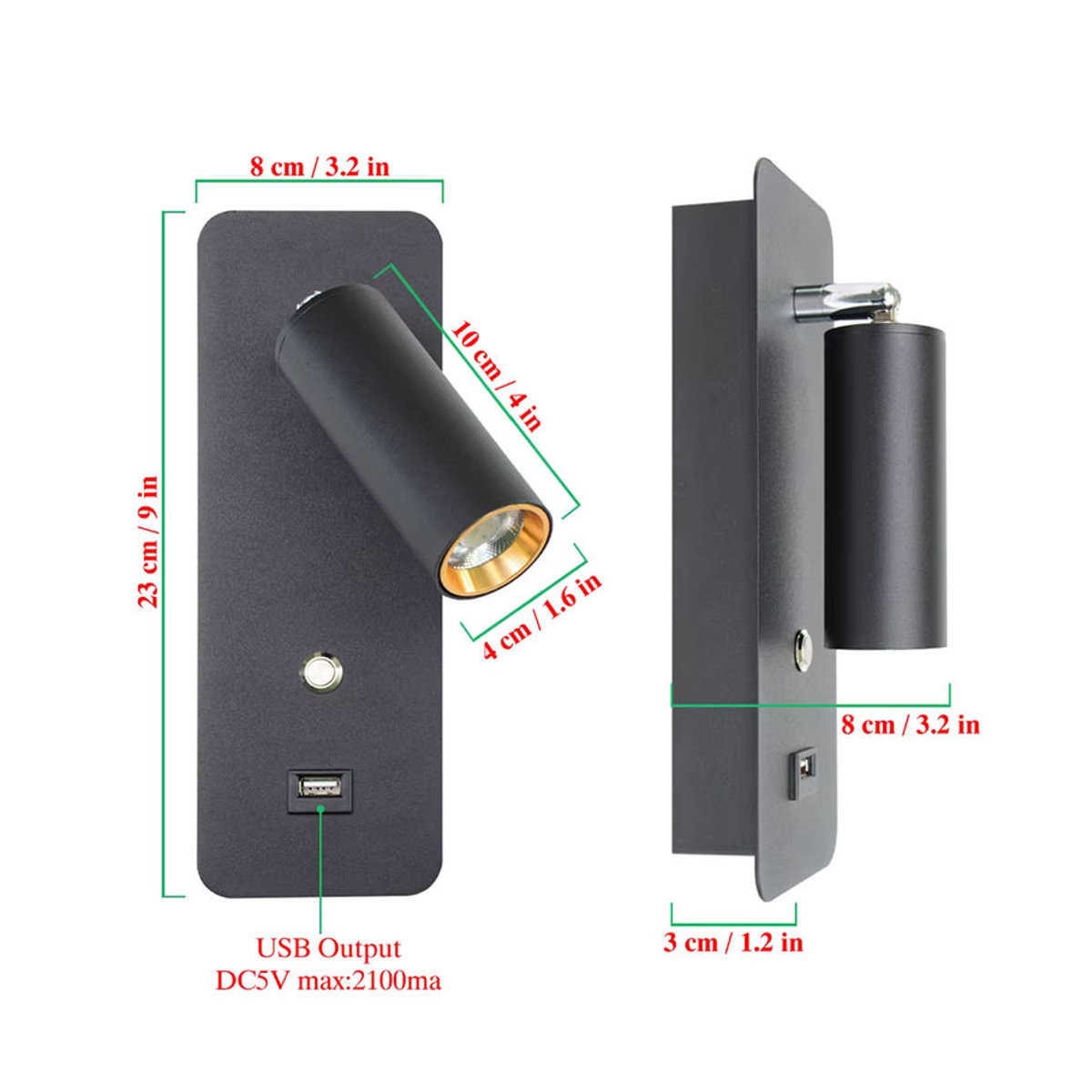 YooE Moderne LED-Wandleuchte in Schwarz mit 7 W und USB-Aufladung für Innenbereich - Bild 3