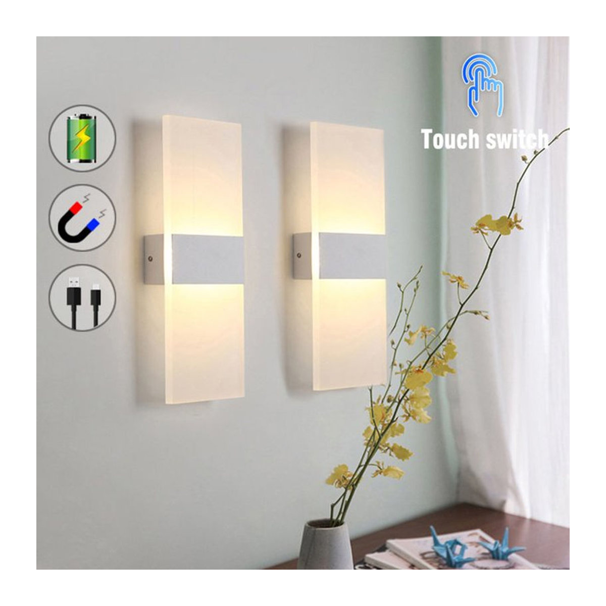 YooE Moderne LED-Wandleuchte mit Bewegungserkennung aus Acryl in Weiß mit Touch-Schalter - Bild 1