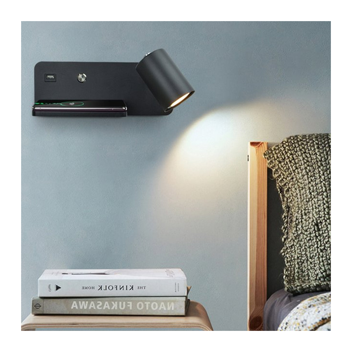YooE Nordic LED Wandlampe Schwarz mit USB und kabelloser Ladefunktion für Schlafzimmer und Wohnraum, - Bild 1