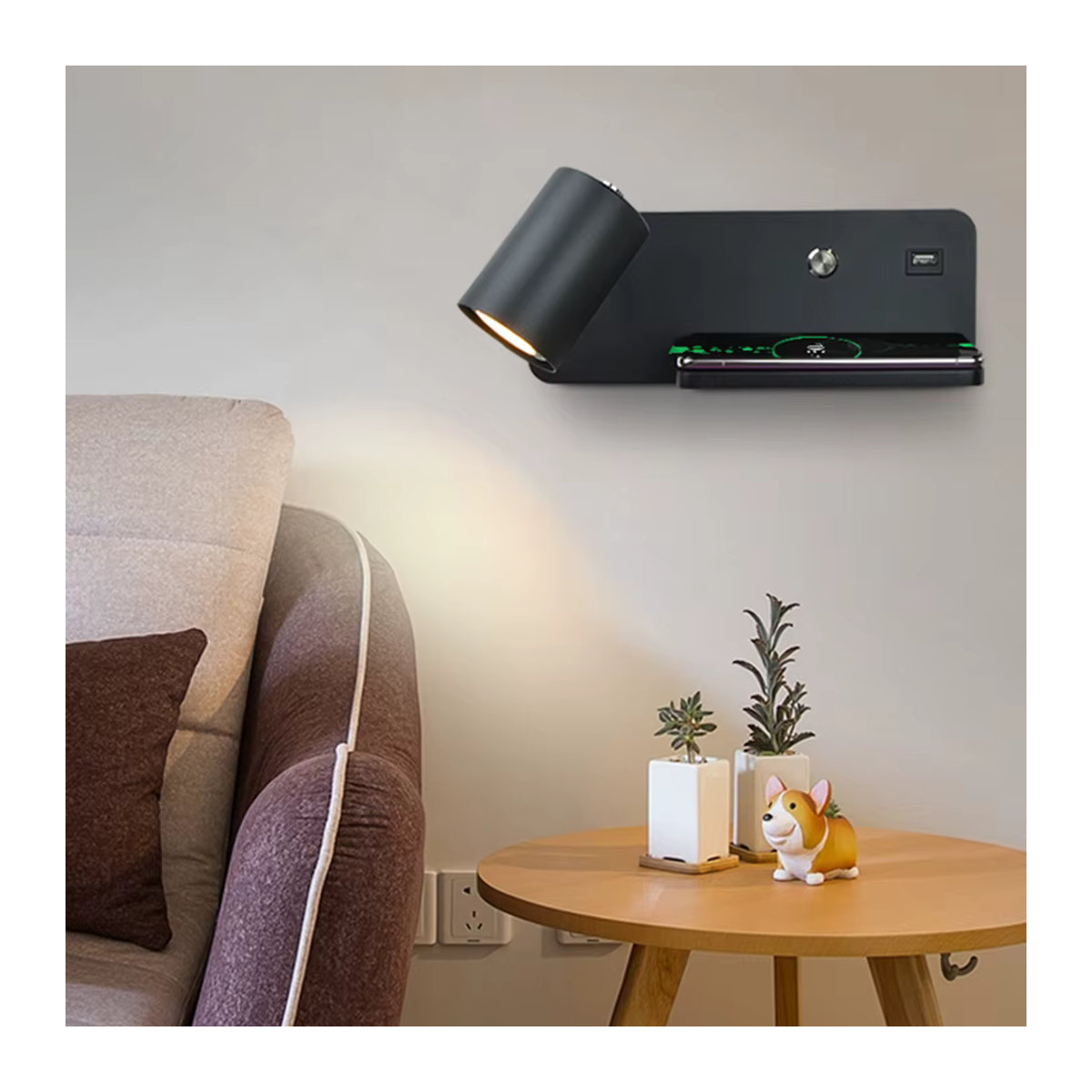 YooE Nordic LED Wandlampe Schwarz mit USB und kabelloser Ladefunktion für Schlafzimmer und Wohnraum, - Bild 2