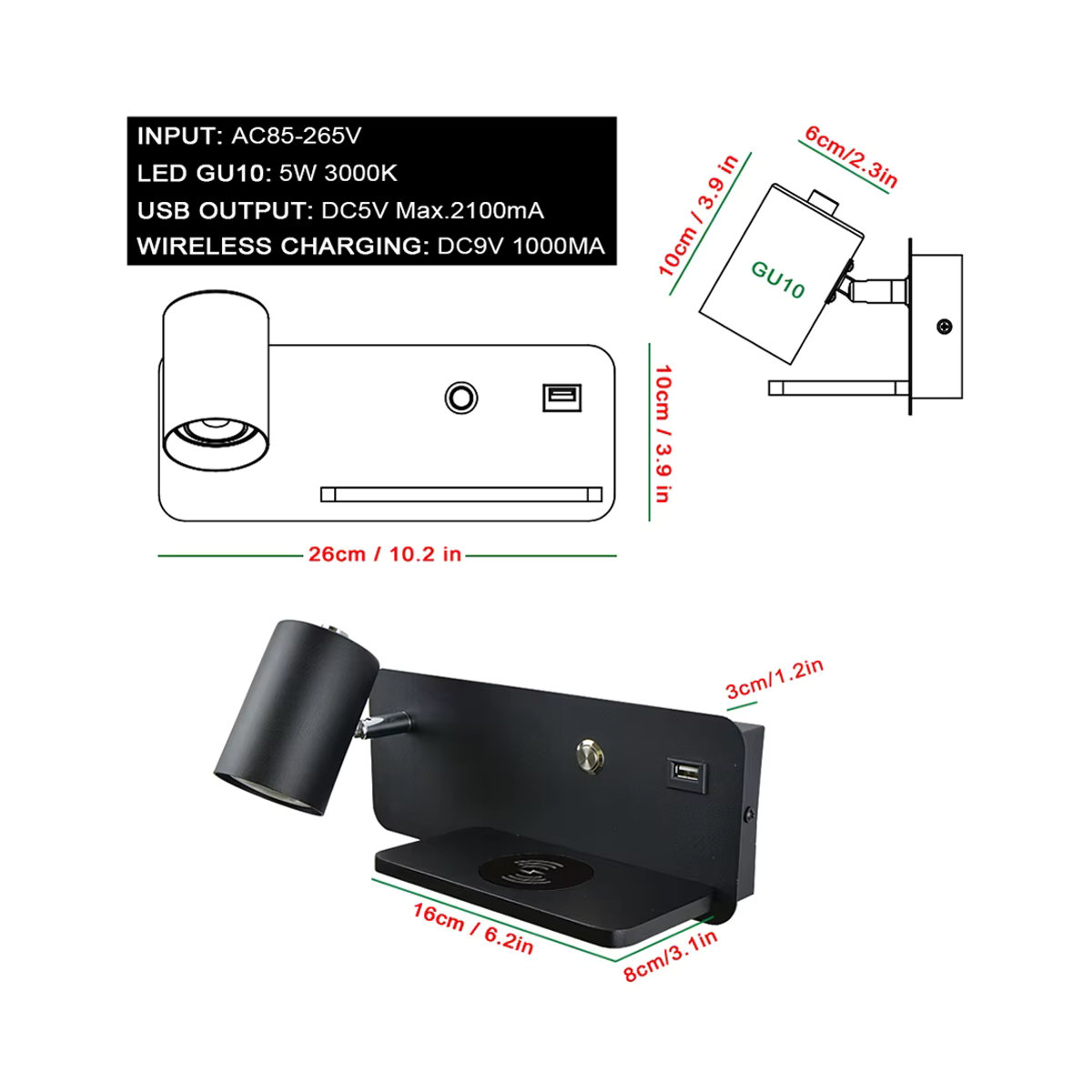 YooE Nordic LED Wandlampe Schwarz mit USB und kabelloser Ladefunktion für Schlafzimmer und Wohnraum, - Bild 3