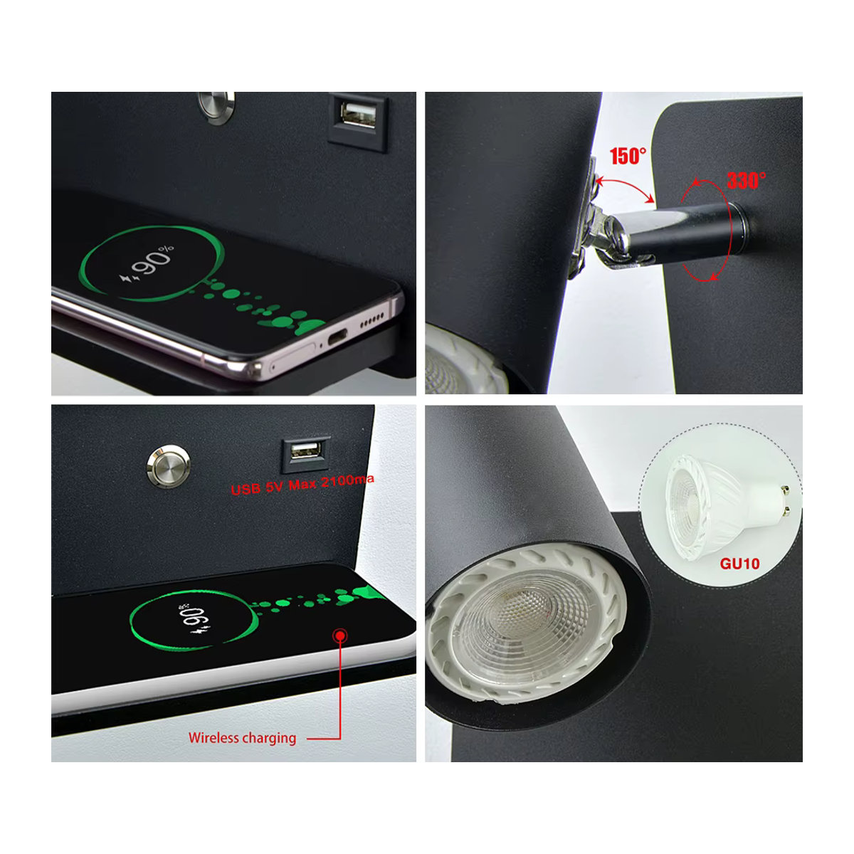 YooE Nordic LED Wandlampe Schwarz mit USB und kabelloser Ladefunktion für Schlafzimmer und Wohnraum, - Bild 4