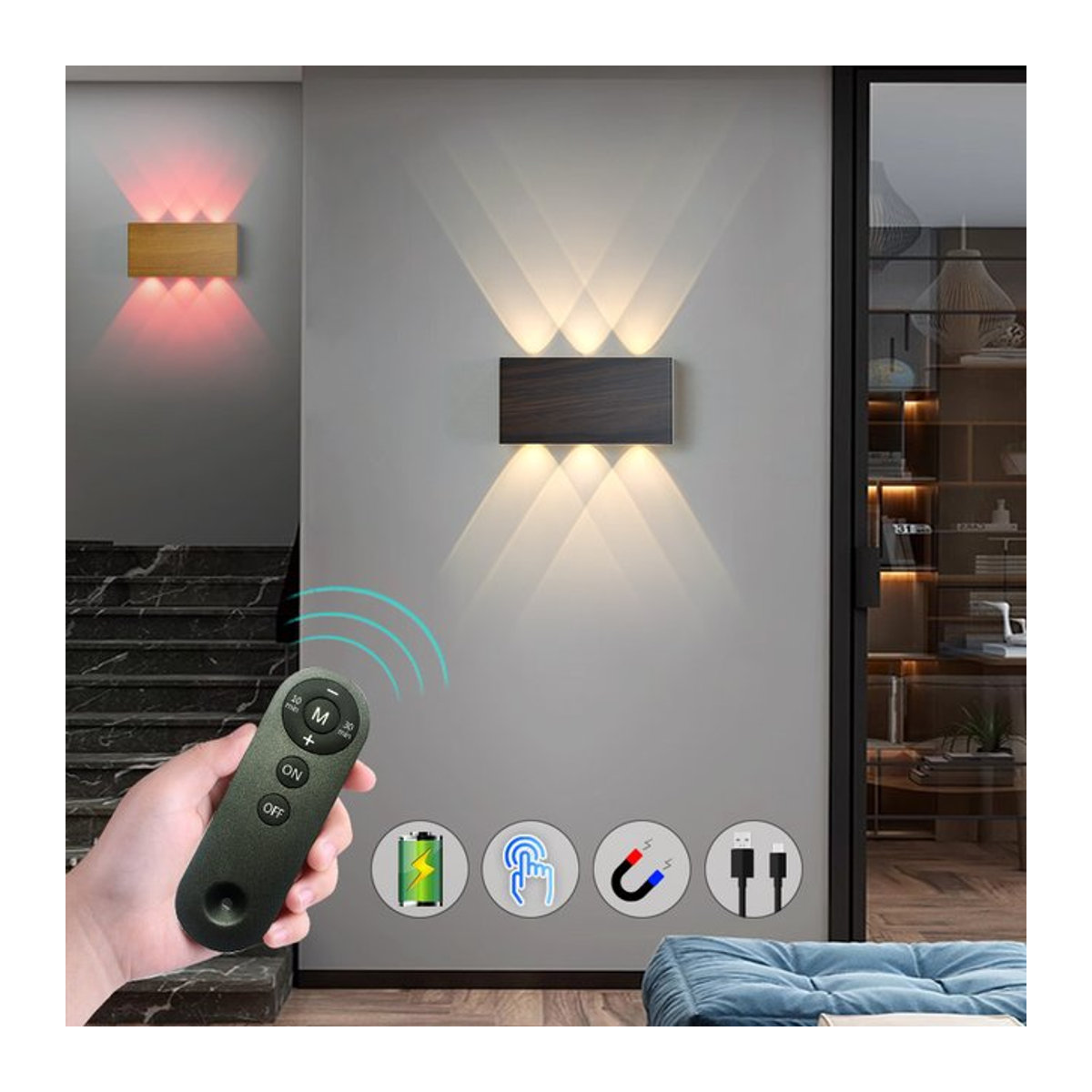 YooE Wandleuchte mit Fernbedienung und Touch-Dimmer, Schwarz, minimalistisches Design mit Holzoptik, 5200 mAh Akku, Typ-C Ladung, 3 Farben, Nachtlicht für Treppe und Nachttisch - Bild 1