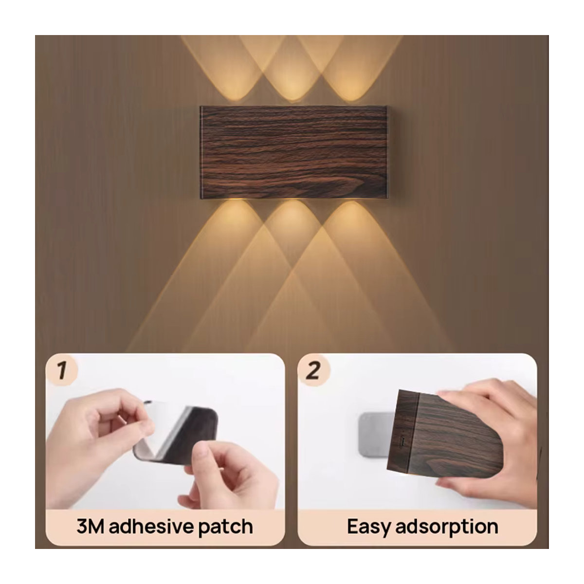 YooE Wandleuchte mit Fernbedienung und Touch-Dimmer, Schwarz, minimalistisches Design mit Holzoptik, 5200 mAh Akku, Typ-C Ladung, 3 Farben, Nachtlicht für Treppe und Nachttisch - Bild 4