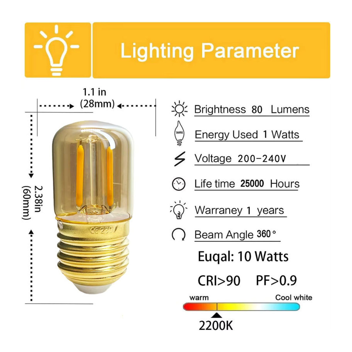 YORYZENG LED Vintage Retro Glühbirne E27 T28 COB Filament 1W Warmweiß 2200K Glas Shell - Bild 2