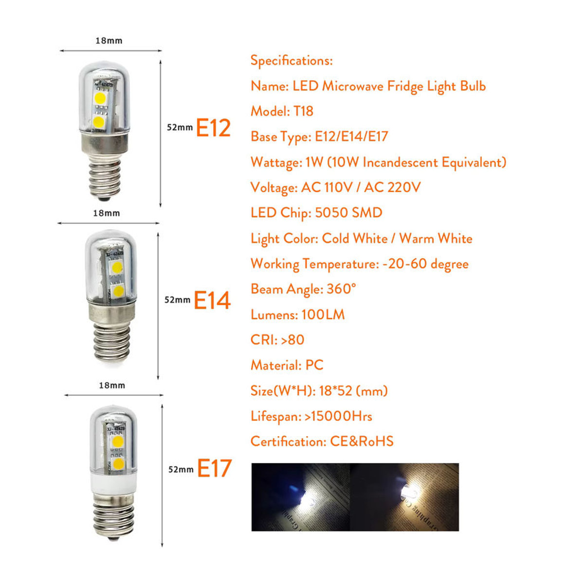 YORYZENG Mini LED Mais Glühbirne mit E14 E12 E17 Sockel für Kühlschrank und Dunstabzugshaube - Bild 2