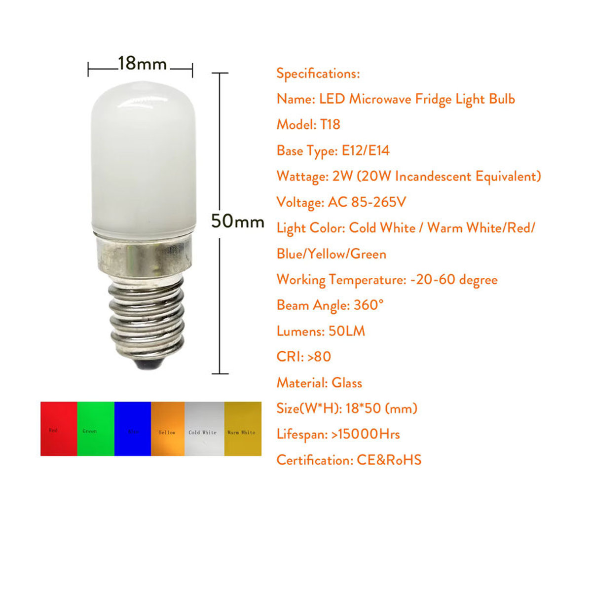 YORYZENG T18 Mini LED-Birne E14 E12 Kühlschrankleuchte 2 W in Rot Grün Blau Gelb und Kaltweiß/Warmweiß - Bild 2