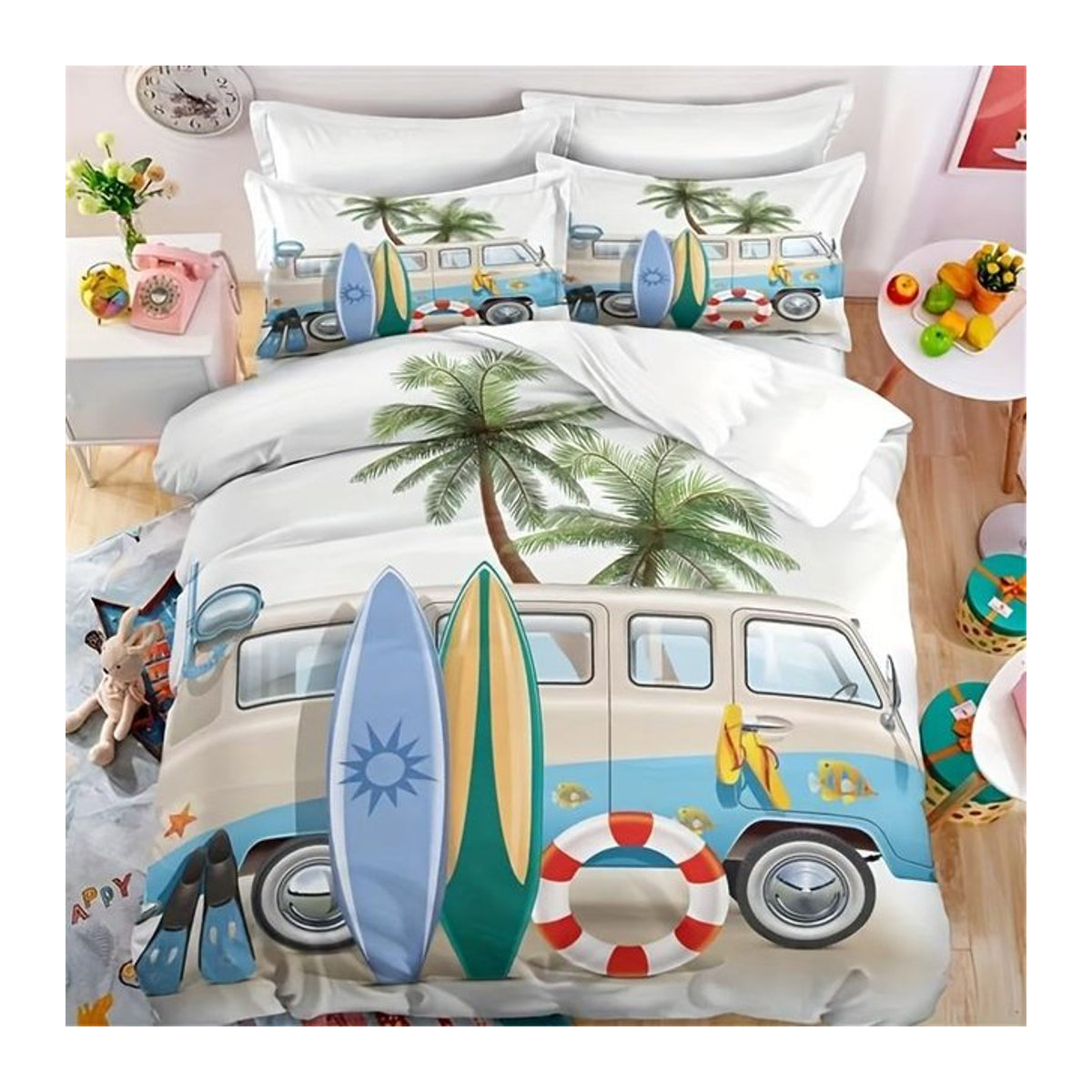 Your Warm Home Bettwäsche-Set Camping-Design mit Bus, Surfbrett und Palme, Multicolor, B/H: 160 x 220 cm - Bild 1