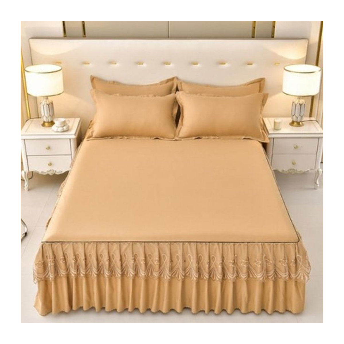 Your Warm Home Dreiteiliges Bettdecken-Set mit Spitzen-Bettrock und Tagesdecke in Khaki, gerüscht im Prinzessinnen-Stil, B/T/H: 190 x 99 cm - Bild 1