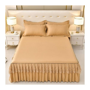 Your Warm Home Dreiteiliges Bettdecken-Set mit Spitzen-Bettrock und Tagesdecke in Khaki, gerüscht im Prinzessinnen-Stil, B/T/H: 190 x 99 cm