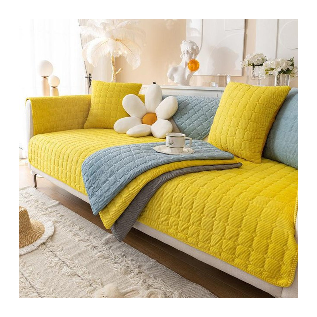 Your Warm Home Plüsch Sofa Kissen in Gelb, verdickte Sofa Abdeckung mit rutschfestem Design für Wohnzimmer, B/B: 70 x 70 cm - Bild 1