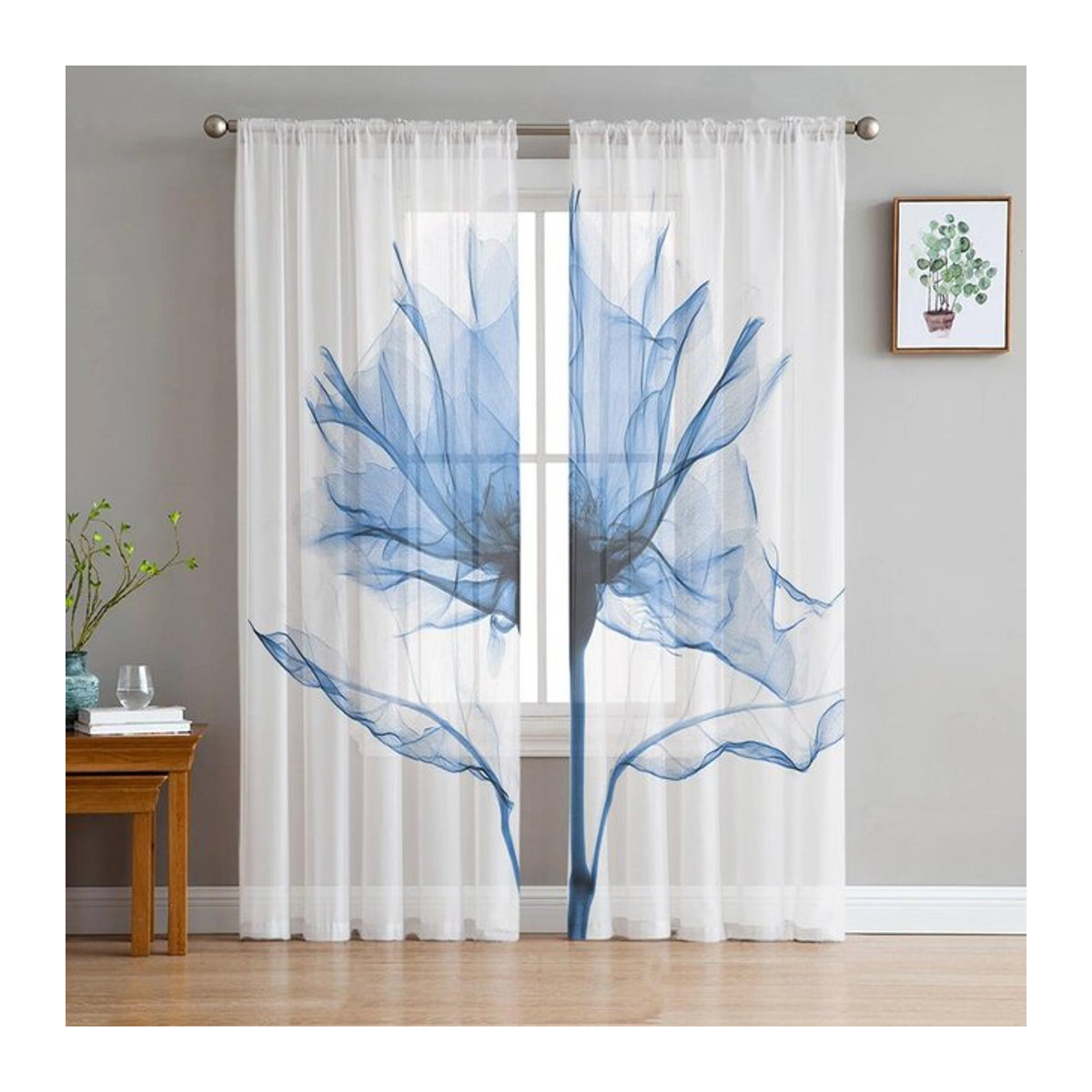 Your Warm Home Transparente Tüll Vorhänge mit Blau-Blumen Abstrakt Design in Weiß, B: 135 cm, H: 114 cm - Bild 1