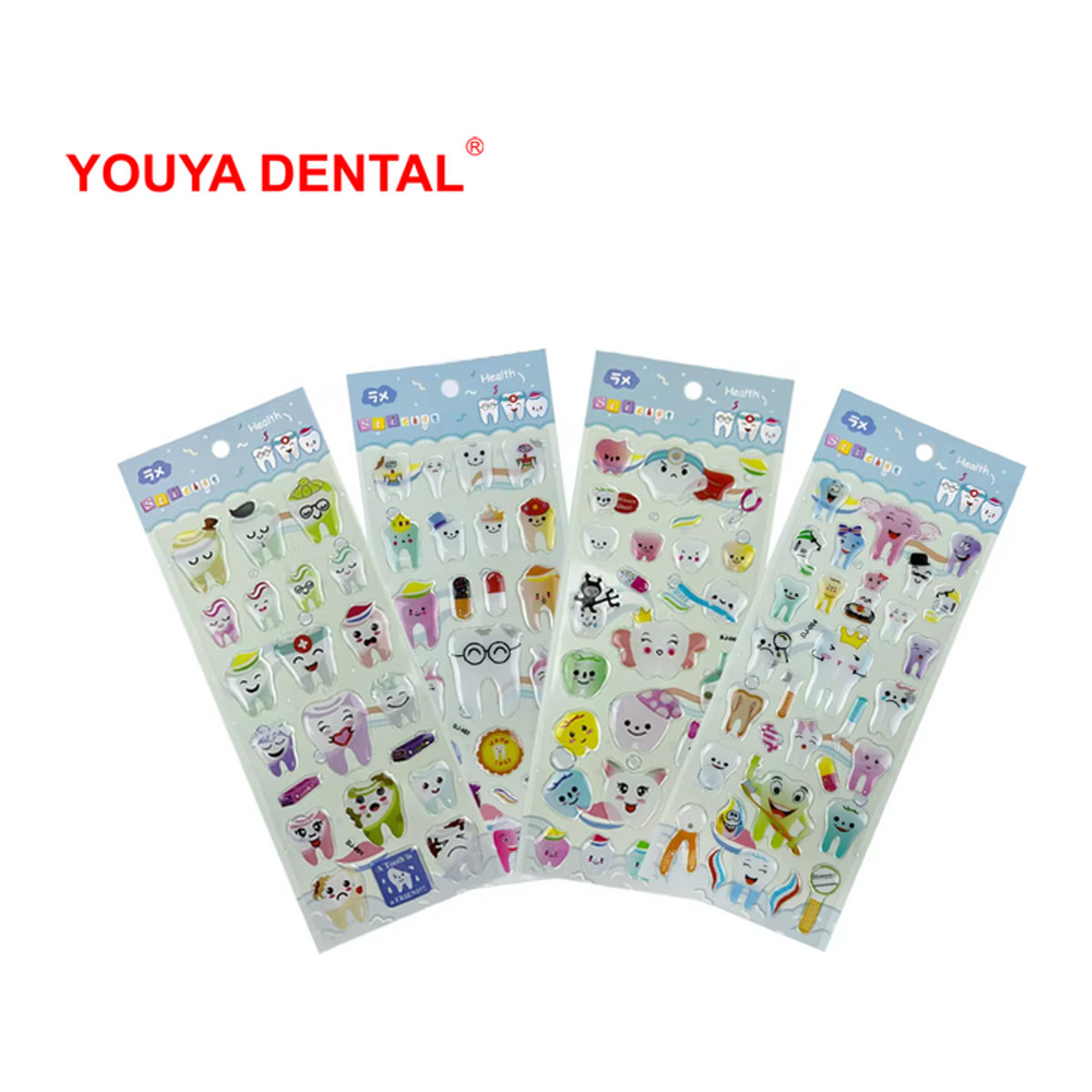 YOUYA DENTAL 4er Set 3D-Dental-Aufkleber mit Zahn-Motiven im Cartoon-Kawaii-Design, mehrfarbig, ideal als Dekoration für Kinder, Wände oder Kühlschränke - Bild 1