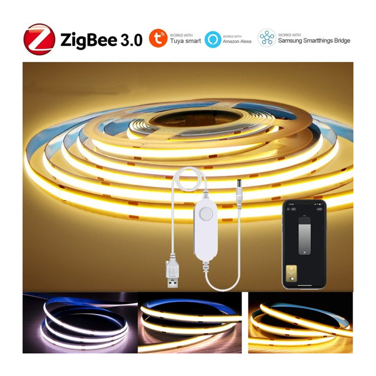 YSRSAI Tuya Zigbee 3.0 COB LED Streifen Warmweiß dimmbar mit 320 LEDs/m via USB 5V kompatibel mit Alexa und Google Home - Bild 1