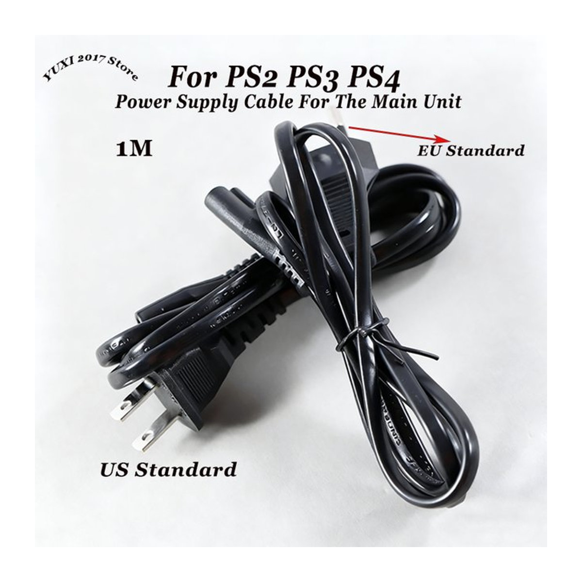 Yu Xi Netzkabel Schwarz für PS2 PS3 PS4 CD-Player und Laptop mit 1m Länge und wahlweise europäischem Rundstecker oder amerikanischem Flachstecker - Bild 1