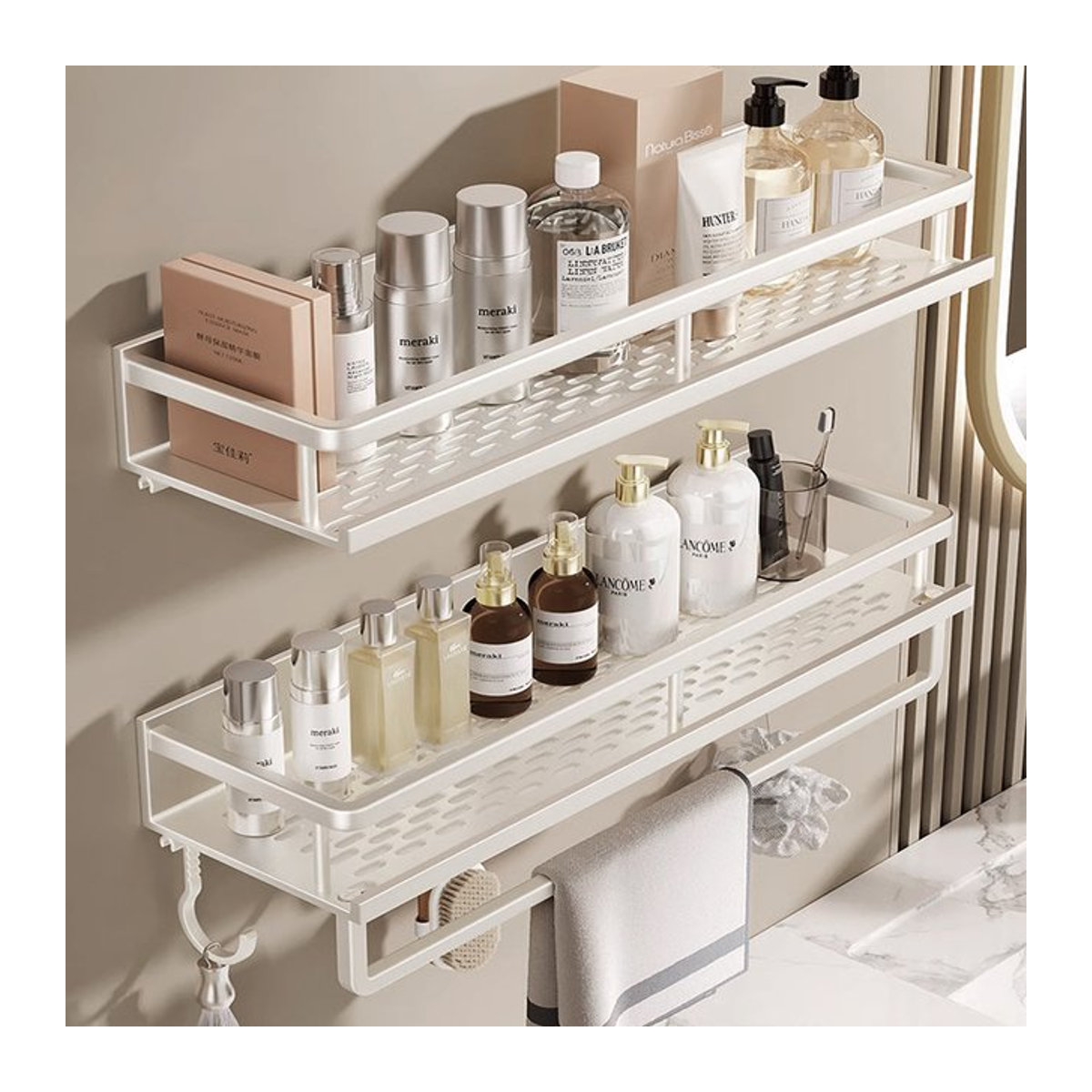 YUNJIEYA Eckregal aus Metall für Badezimmer und Küche, Organizer für Shampoo und Zubehör, Gelb Weiß Grau, Modernes Design - Bild 1