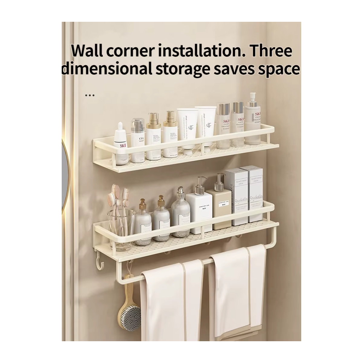 YUNJIEYA Eckregal aus Metall für Badezimmer und Küche, Organizer für Shampoo und Zubehör, Gelb Weiß Grau, Modernes Design - Bild 5