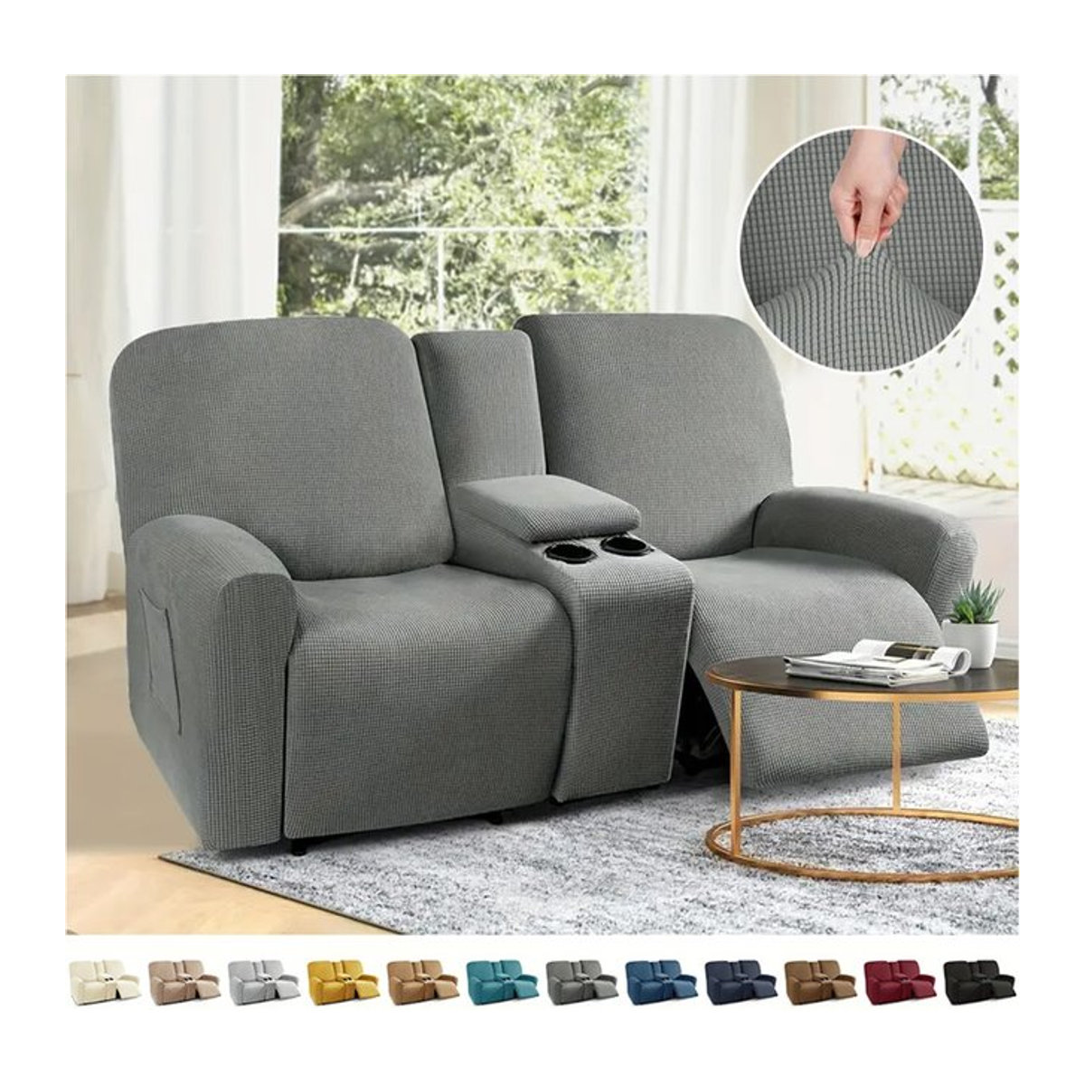 Yupartex 8-teiliges Sofa-Abdeckset für Liegesofas und Loveseats mit Mittelkonsole und Getränkehalter, elastische Schonbezüge für 2-Sitzer, Farben: Schwarz und Grau - Bild 1