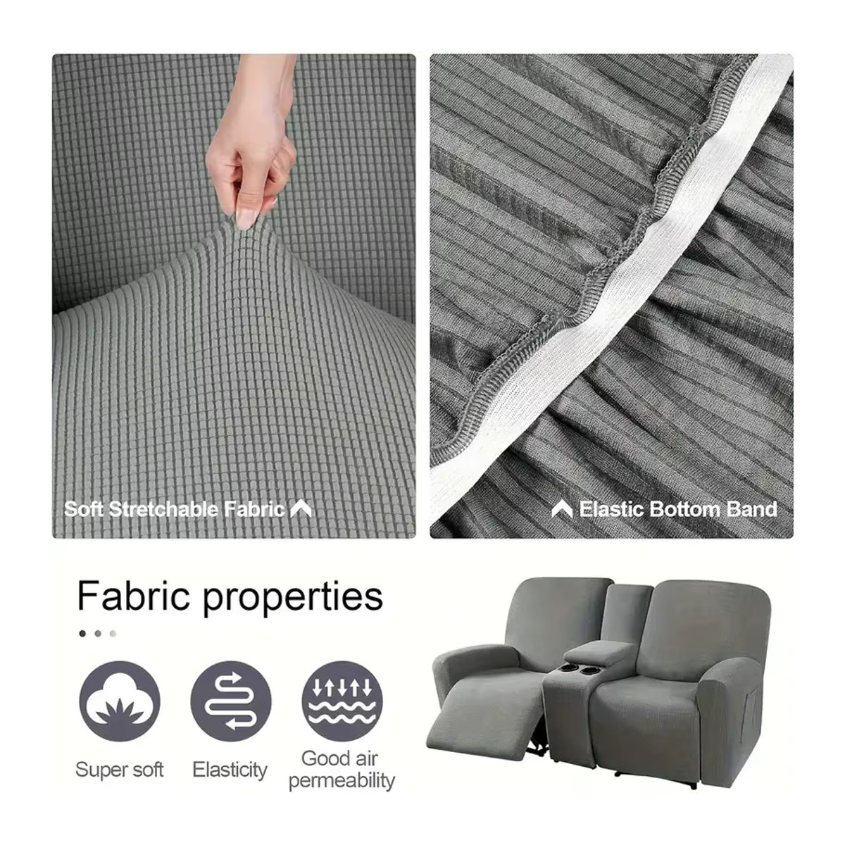 Yupartex 8-teiliges Sofa-Abdeckset für Liegesofas und Loveseats mit Mittelkonsole und Getränkehalter, elastische Schonbezüge für 2-Sitzer, Farben: Schwarz und Grau - Bild 3