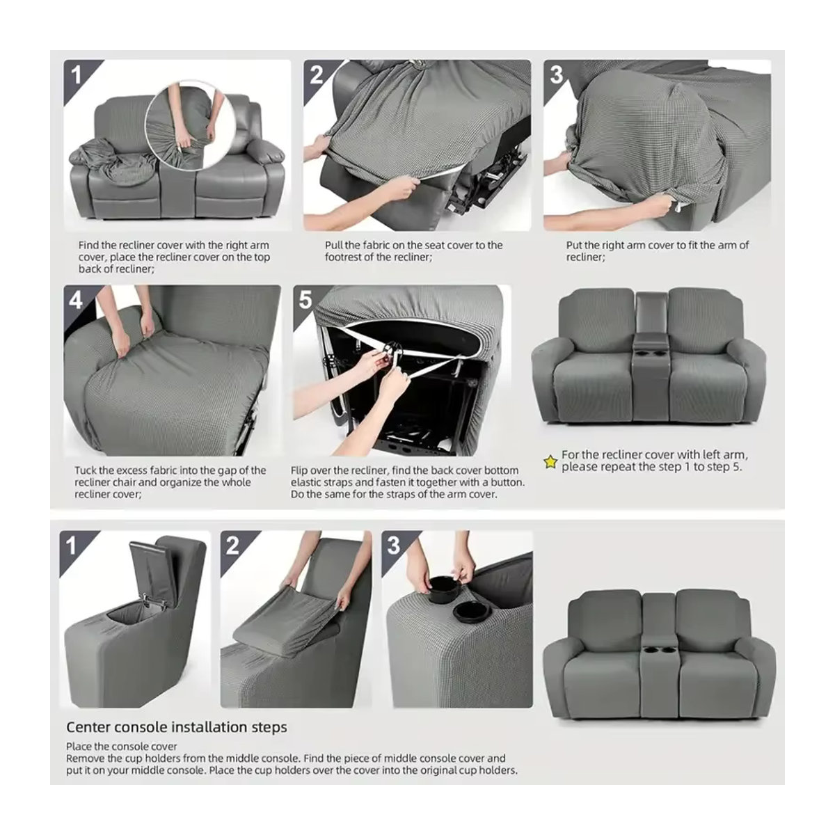 Yupartex 8-teiliges Sofa-Abdeckset für Liegesofas und Loveseats mit Mittelkonsole und Getränkehalter, elastische Schonbezüge für 2-Sitzer, Farben: Schwarz und Grau - Bild 4