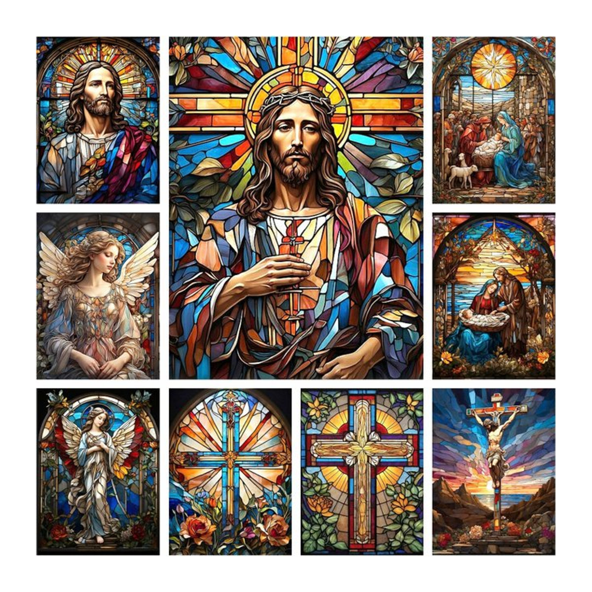 YUTTEE 5D Diamant Malerei Set Jesus Christus Buntglas Motiv mit Heiligem Kreuz und Jungfrau Maria als DIY Mosaik Kunstwerk in Mehrfarbig - Bild 1
