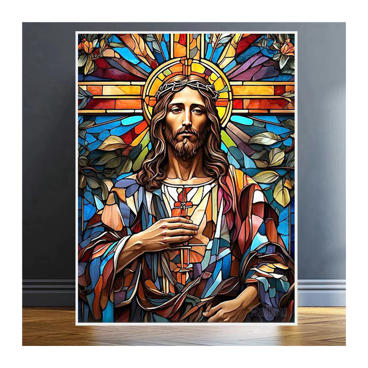 YUTTEE 5D Diamant Malerei Set Jesus Christus Buntglas Motiv mit Heiligem Kreuz und Jungfrau Maria als DIY Mosaik Kunstwerk in Mehrfarbig - Bild 3