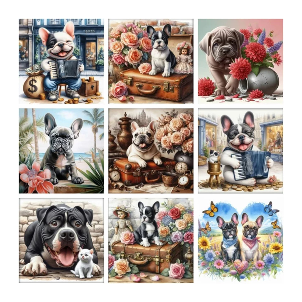 YUTTEE 5D Diamantgemälde Französische Bulldogge Welpe mit Blumen DIY Mosaik Set in mehrfarbigem Vintage Design - Bild 1