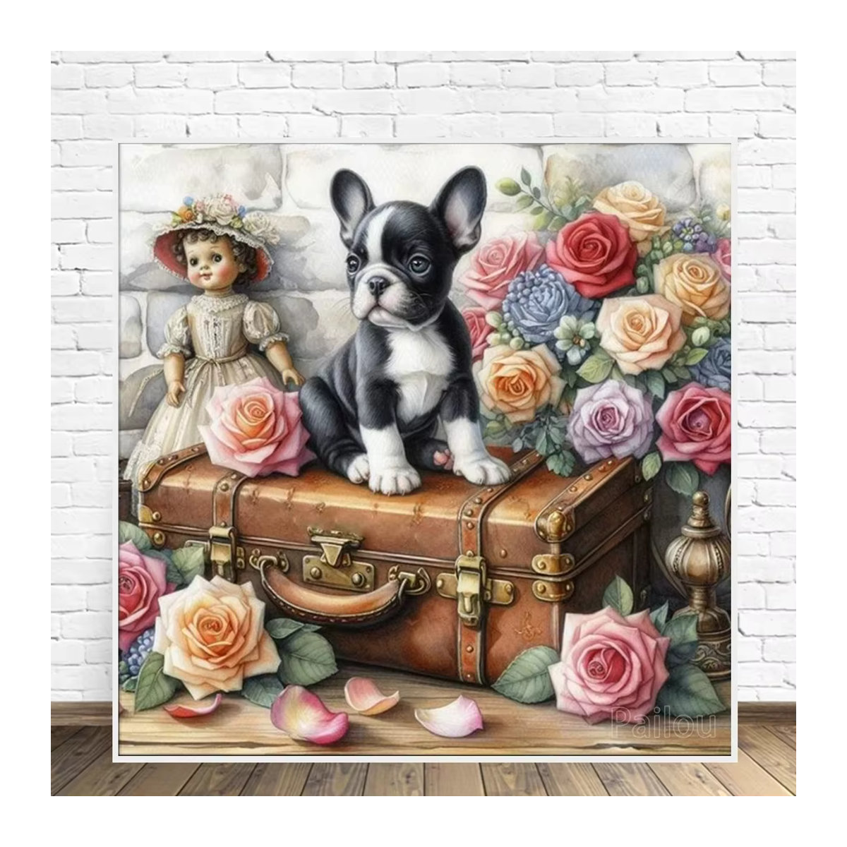 YUTTEE 5D Diamantgemälde Französische Bulldogge Welpe mit Blumen DIY Mosaik Set in mehrfarbigem Vintage Design - Bild 3