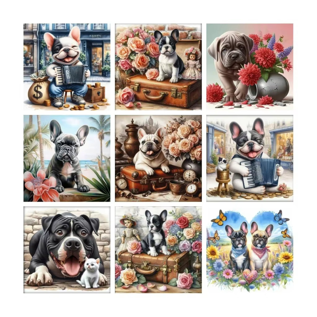 YUTTEE 5D Diamantgemälde Französische Bulldogge Welpe mit Blumen DIY Mosaik Set in mehrfarbigem Vintage Design - Bild 4