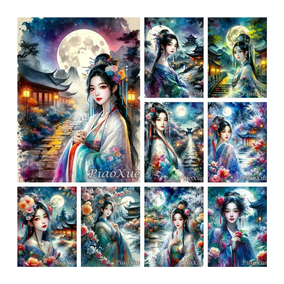 YUTTEE 5D DIY Diamantmalerei Mädchen im Kleid mit Mond und floralen Elementen, klassische Landschaft im chinesischen Stil als Mosaik-Strass-Dekoration, mehrfarbig, Hochformat - Bild 1