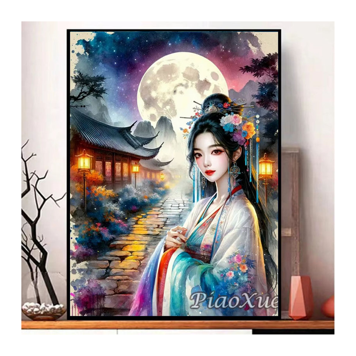 YUTTEE 5D DIY Diamantmalerei Mädchen im Kleid mit Mond und floralen Elementen, klassische Landschaft im chinesischen Stil als Mosaik-Strass-Dekoration, mehrfarbig, Hochformat - Bild 2