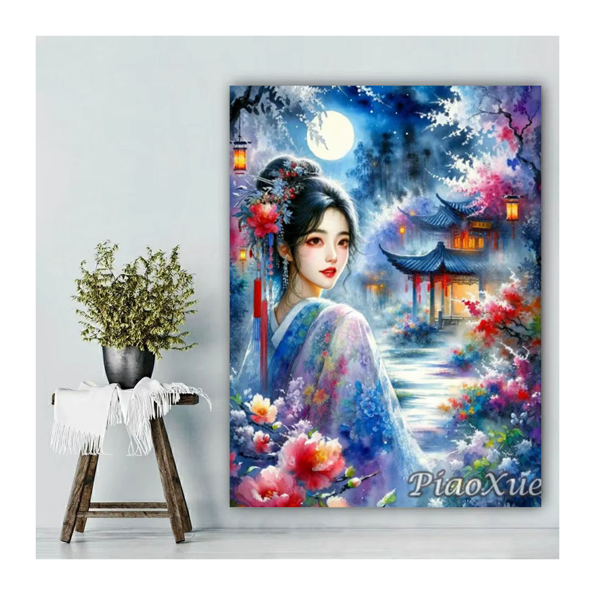 YUTTEE 5D DIY Diamantmalerei Mädchen im Kleid mit Mond und floralen Elementen, klassische Landschaft im chinesischen Stil als Mosaik-Strass-Dekoration, mehrfarbig, Hochformat - Bild 3