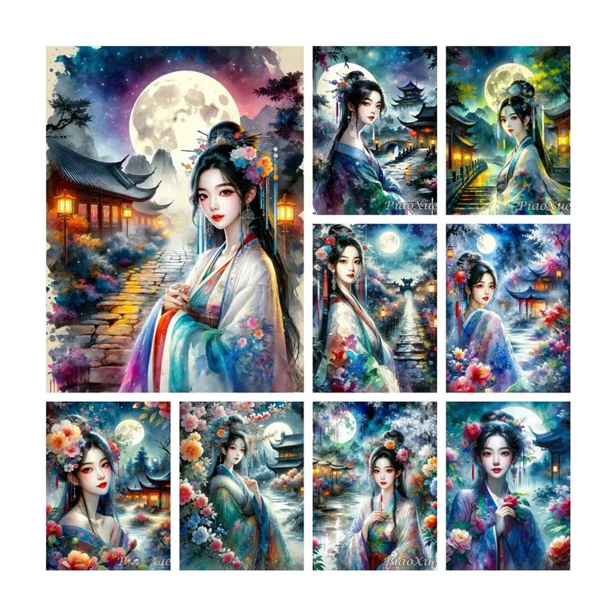 YUTTEE 5D DIY Diamantmalerei Mädchen im Kleid mit Mond und floralen Elementen, klassische Landschaft im chinesischen Stil als Mosaik-Strass-Dekoration, mehrfarbig, Hochformat - Bild 5
