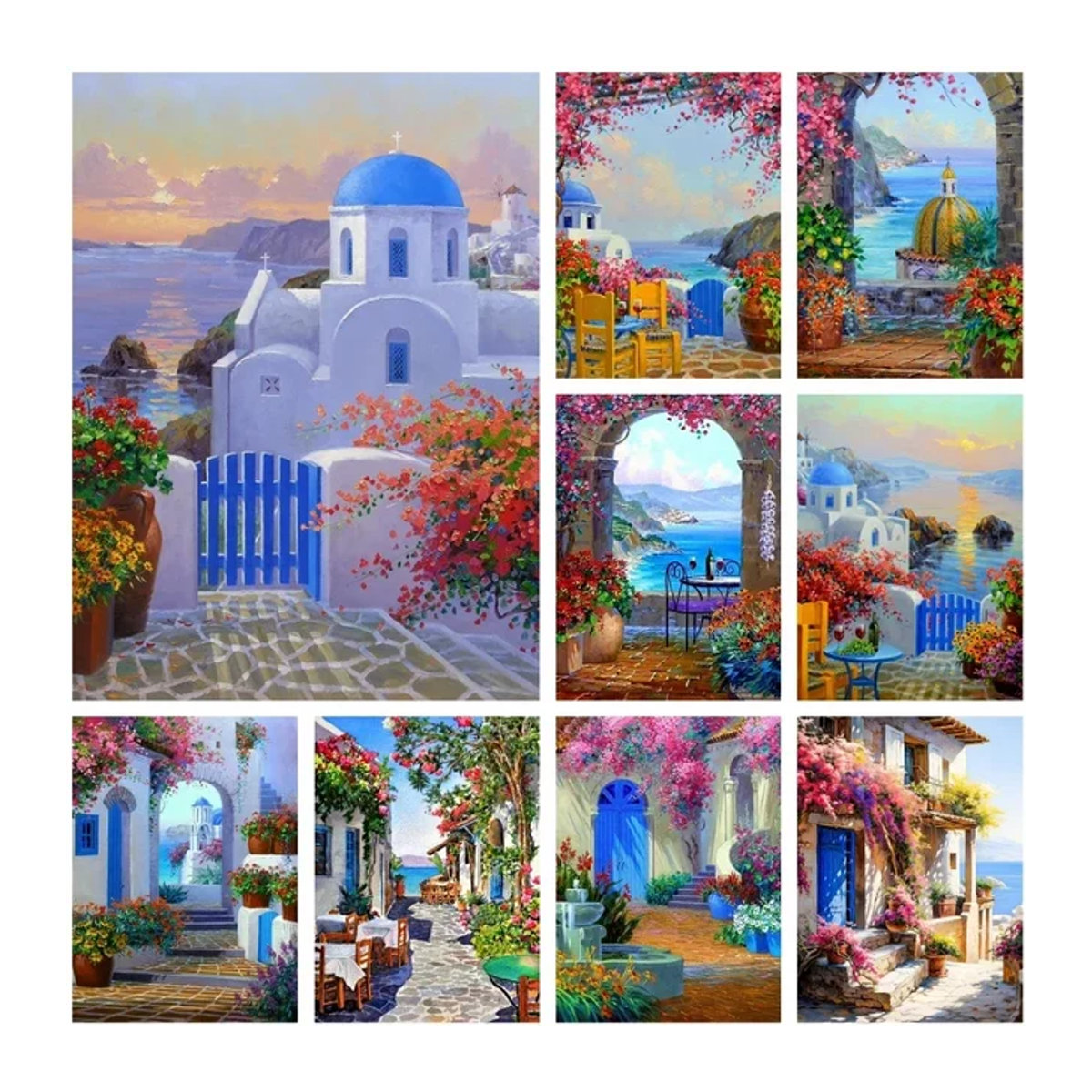 YUTTEE Diamond Painting Set Santorini Insel Landschaft im Querformat, Blau und Mehrfarbig, Maritimes Motiv mit Blumen, Rahmenlos - Bild 1