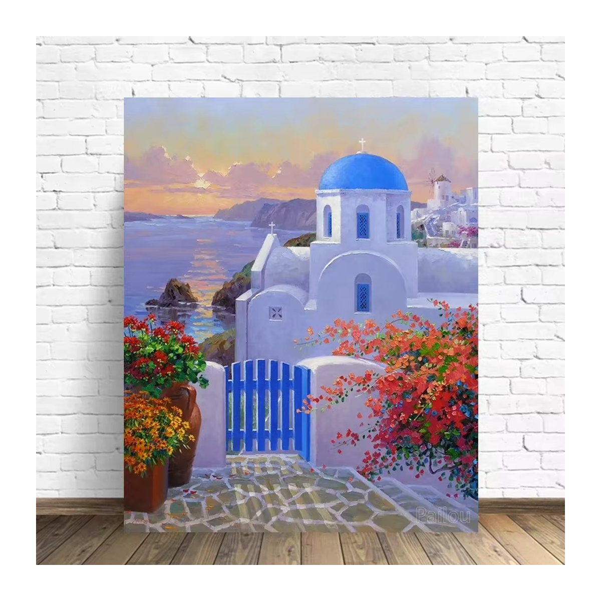 YUTTEE Diamond Painting Set Santorini Insel Landschaft im Querformat, Blau und Mehrfarbig, Maritimes Motiv mit Blumen, Rahmenlos - Bild 2
