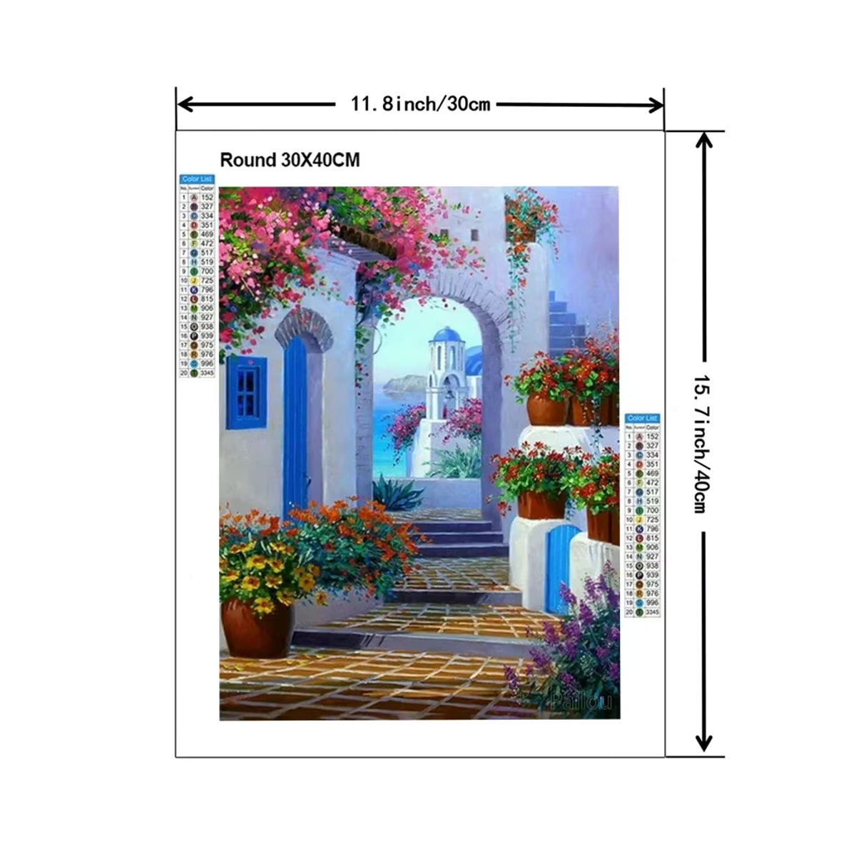YUTTEE Diamond Painting Set Santorini Insel Landschaft im Querformat, Blau und Mehrfarbig, Maritimes Motiv mit Blumen, Rahmenlos - Bild 3