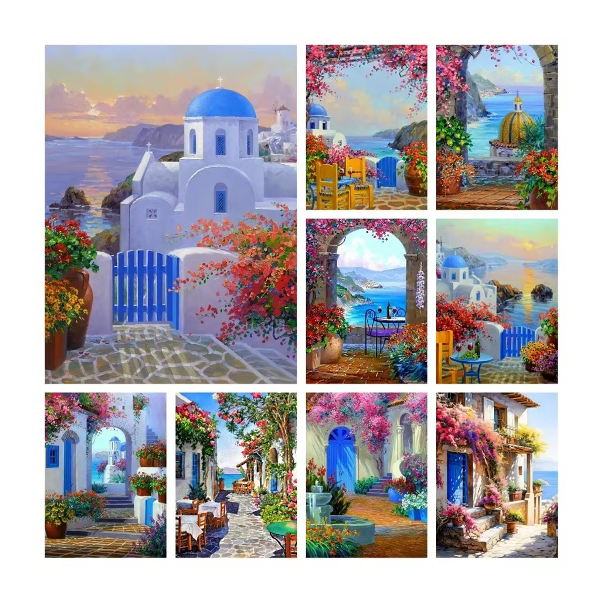YUTTEE Diamond Painting Set Santorini Insel Landschaft im Querformat, Blau und Mehrfarbig, Maritimes Motiv mit Blumen, Rahmenlos - Bild 4