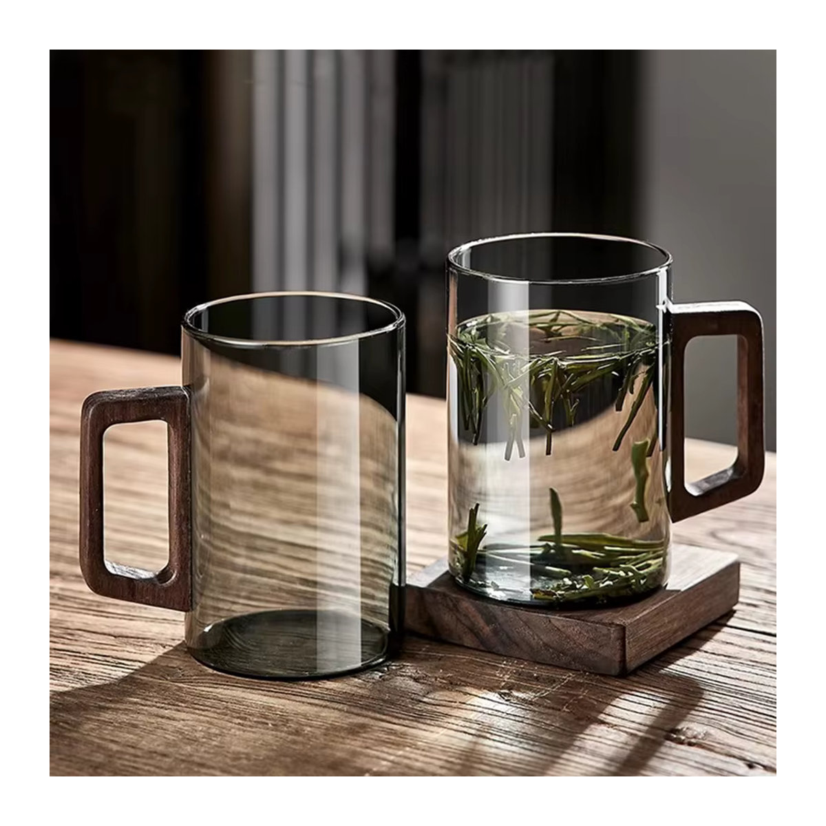 YWDL Glas Tassen Set mit Walnuss Griff, 6er Set, transparent, 300 ml pro Tasse - Bild 3