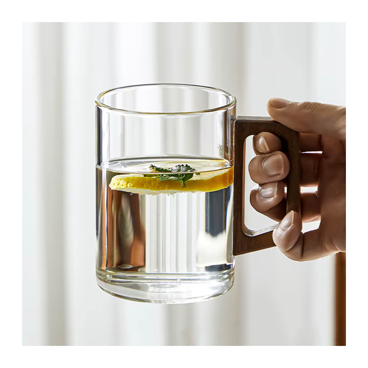 YWDL Glas Tassen Set mit Walnuss Griff, 6er Set, transparent, 300 ml pro Tasse - Bild 4