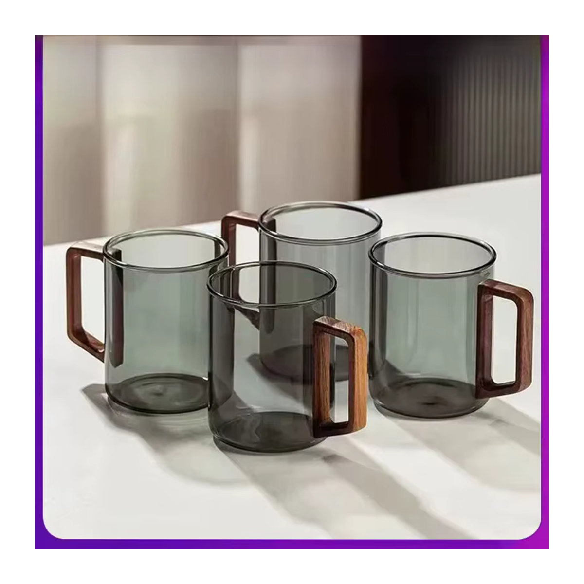 YWDL Glas Tassen Set mit Walnuss Griff, 6er Set, transparent, 300 ml pro Tasse - Bild 5